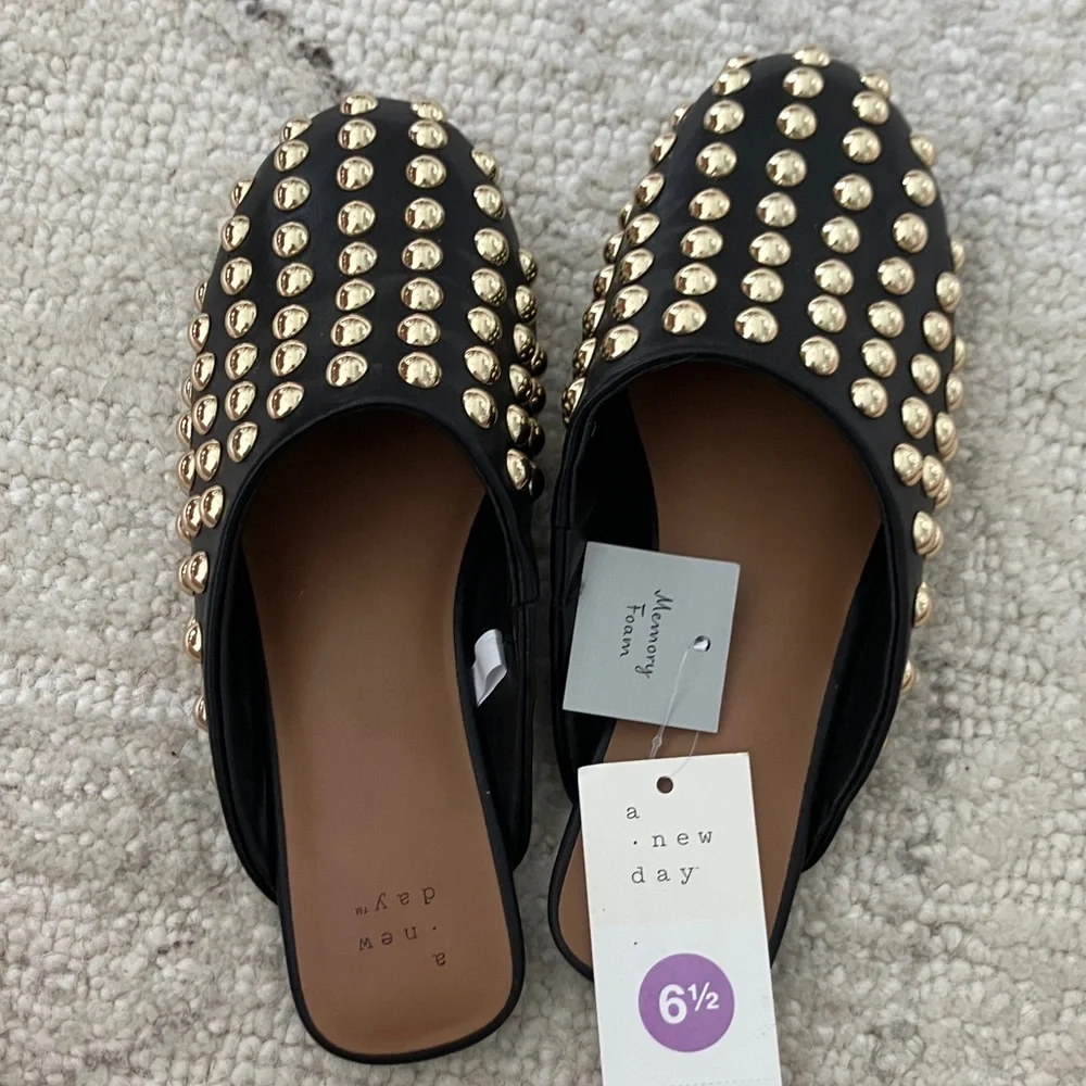 A New Day Channing  Black and Gold Studded Women's Mules - Picture 2 of 6